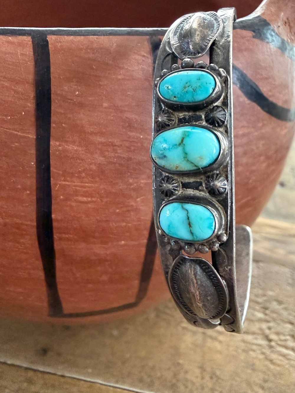 Vintage Native Navajo Stamped Sterling Silver Turquoise Cuff Bracelet 6”